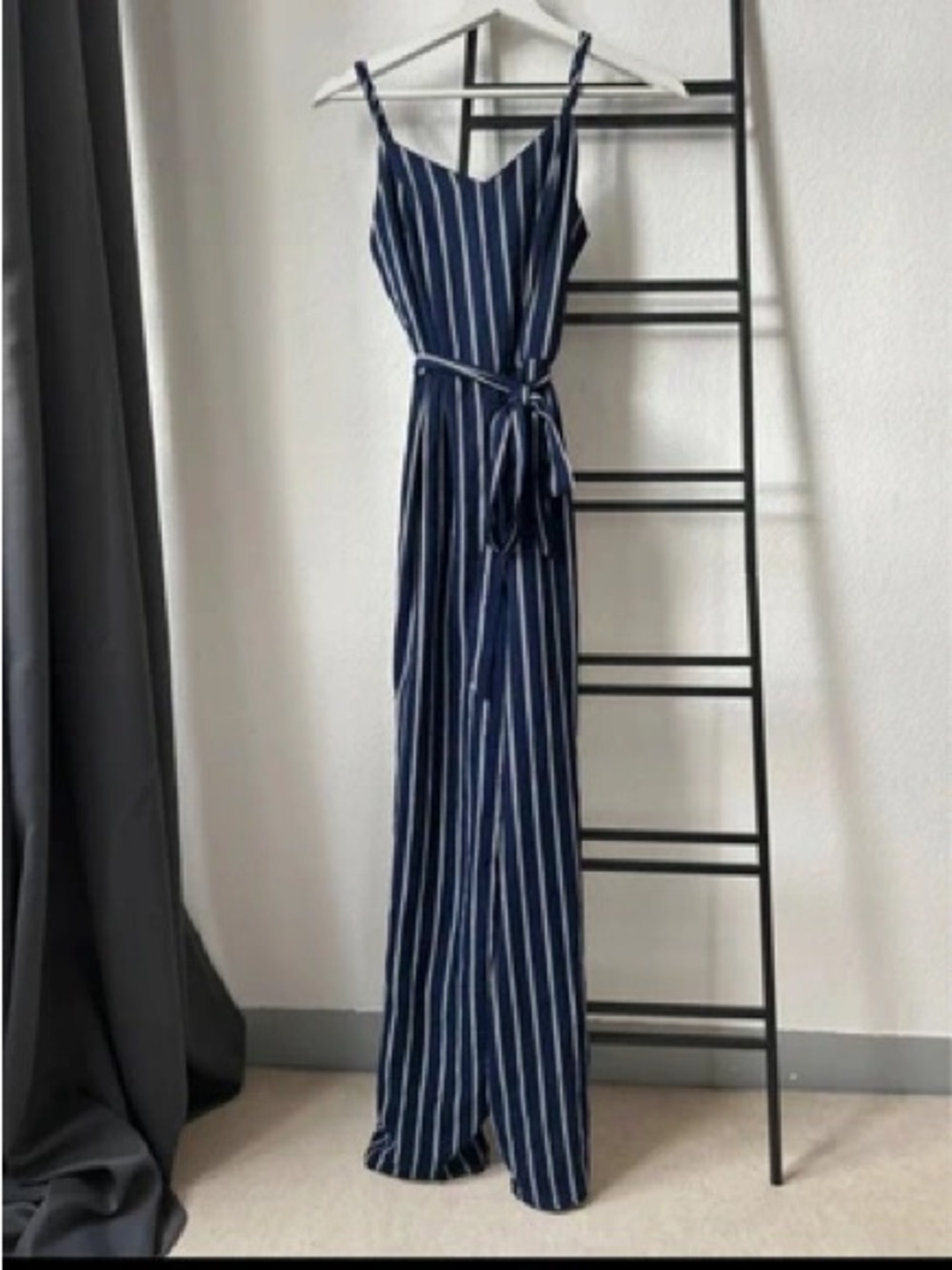 Navy & White Vertical-Stripe Maxi Jumpsuit medium